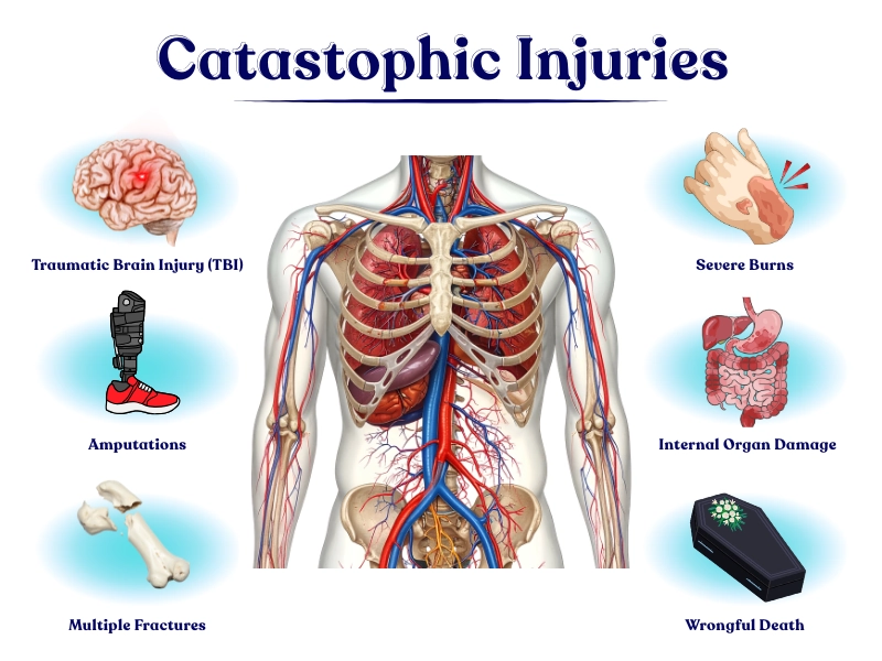 Infographic illustrating examples and types of catastrophic severe bodily injuries.