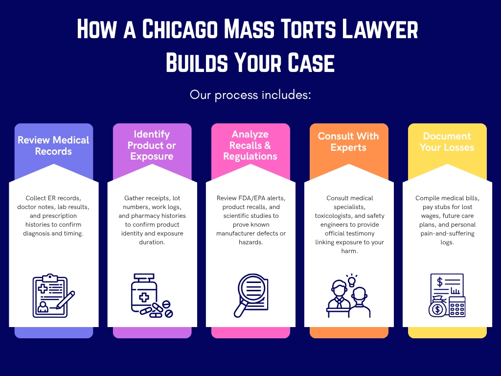 Five steps showing how a mass torts lawyer builds cases.